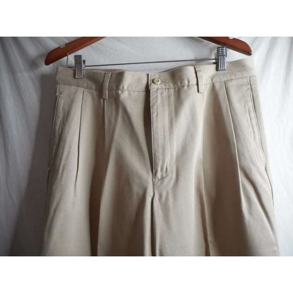 Vintage Eddie Bauer Sz 33W darker beige Pleated front 100% cotton chino pants - Picture 2 of 6